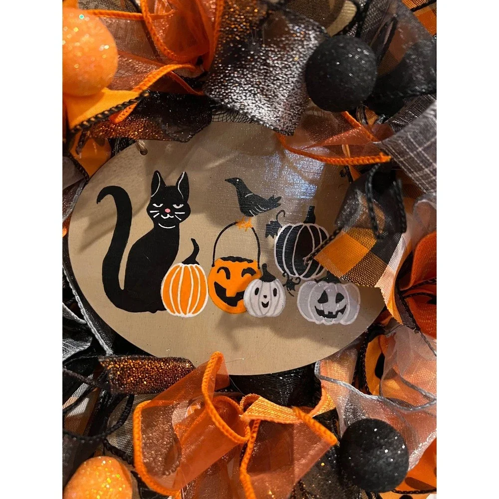 13 inch Halloween Ribbon Wreath Black Cat MW6